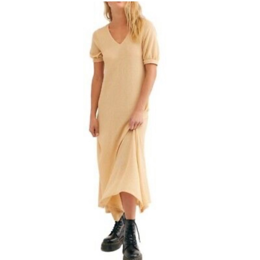 Free People Sweater Dress Women V-Neck Short Sleeve Maxi Knit Beach Tan